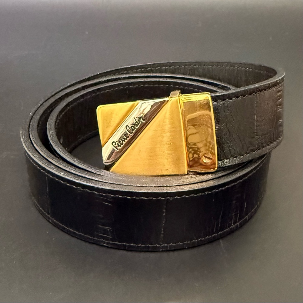Vintage PIERRE CARDIN Gold Buckle Black Leather Belt Size 34